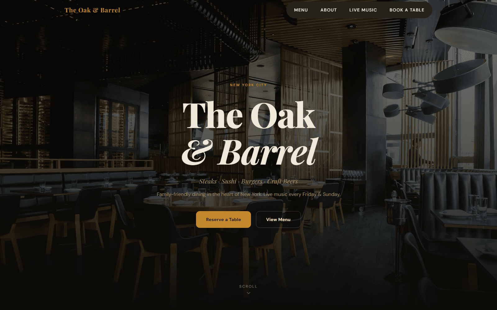 Screenshot of The Oak & Barrel restaurant website